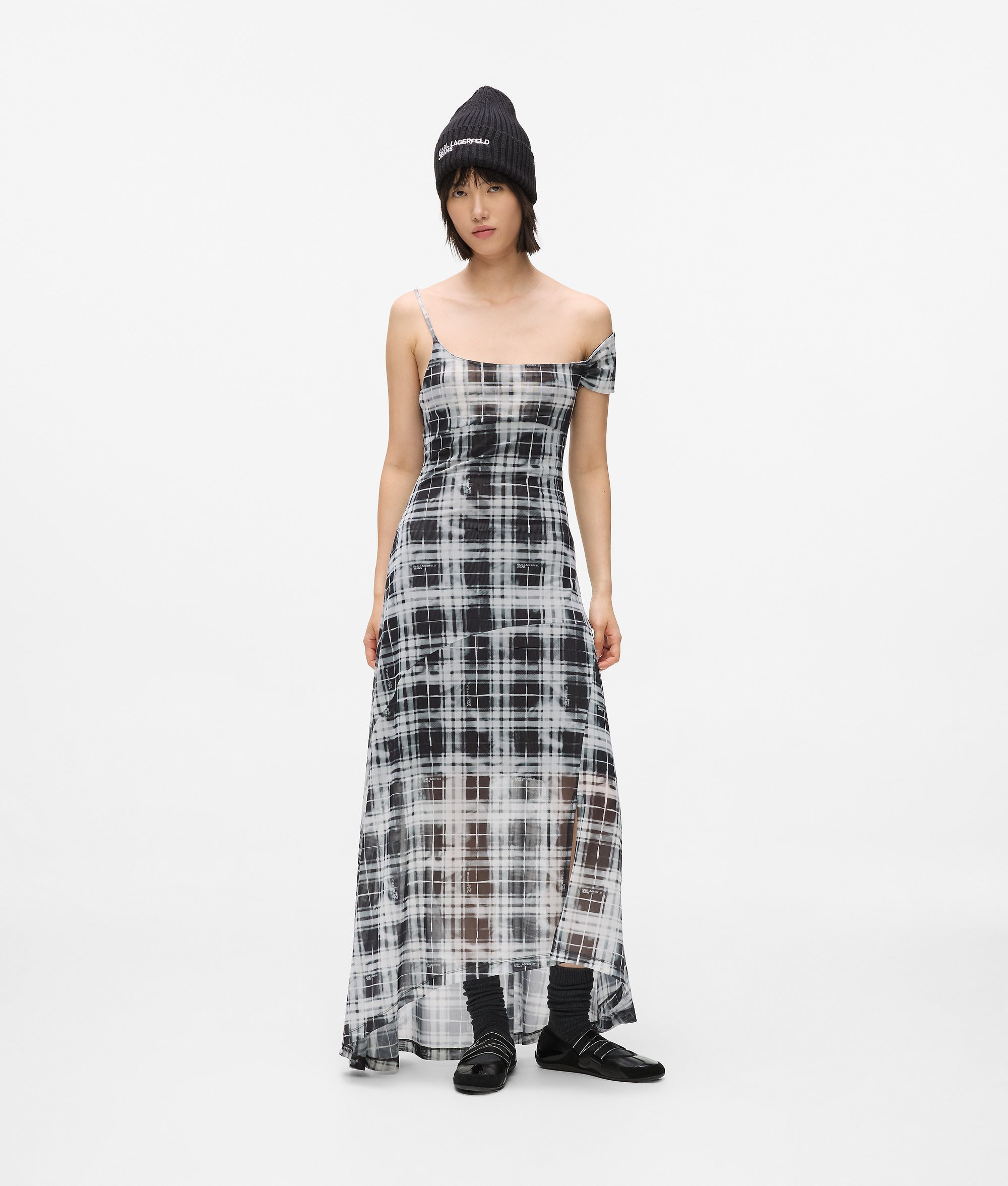 Checked mesh maxi dress